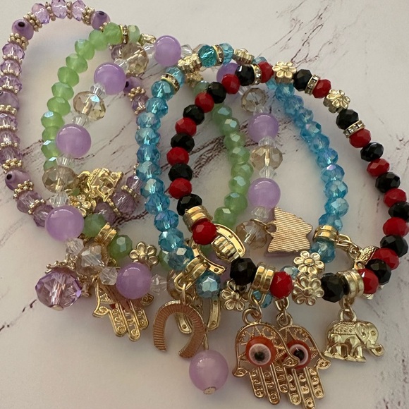 Colorful Beaded Charm Stretched Bracelets Set 5 Pcs Brand New - Picture 2 of 4